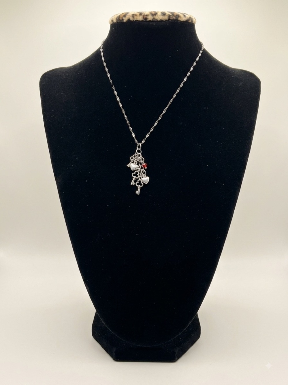 Silver Key & Heart Charm Necklace with Red Accent - Women Jewelry